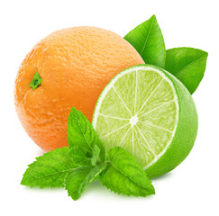 Wall Mural - Multicolored composition with citrus fruits - lime and orange with mint isolated on a white background.
