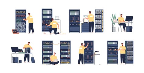 Aufkleber - System administrator flat vector illustrations set. Computer repair, upkeeping server, adjusting network. Sysadmin cartoon character isolated on white background. Data center maintenance service.