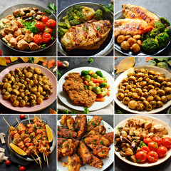 Sticker - Collage of food in the dishes. A variety of food, vegetables, chicken, close-up and top view. Options for dishes.