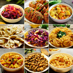 Sticker - Collage of food in the dishes. A variety of food, vegetables, chicken, close-up and top view. Options for dishes.