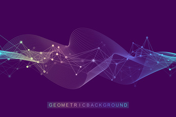 Poster - Abstract dynamic motion lines and dots background with colorful particles. Digital streaming background, wave flow. Plexus stream background. Big Data technology, vector illustration