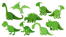 Large Set Of Different Types Of Dinosaurs In Green