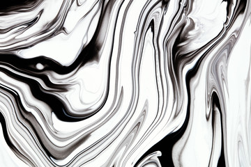 Wall Mural - Monocolor marbling raster background. Leaking liquid, alcohol ink minimalistic surface illustration. Black and white abstract fluid art. Paint flow monochrome contemporary simple backdrop