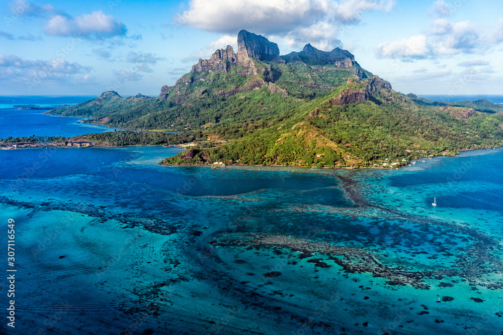 Bora Bora French Polynesia Paradise Island aerial view panorama - obrazy, fototapety, plakaty 