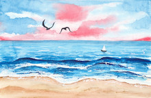   Watercolor Picture Of A Small Sailboat On The Blue Sea With Foamy Waves, Pink Sky And Two Seagulls