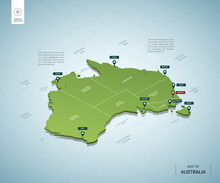 Stylized Map Of Australia. Isometric 3D Green Map With Cities, Borders, Capital Canberra, Regions. Vector Illustration. Editable Layers Clearly Labeled. English Language.