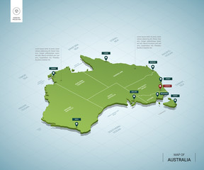Wall Mural - stylized map of australia. isometric 3d green map with cities, borders, capital canberra, regions. v