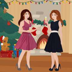 Two girls in new year hats celebrating holidays together. New Year's Eve of two beautiful young women with wine glasses. Background. Vector illustration.