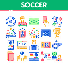 Canvas Print - Soccer Football Game Collection Icons Set Vector Thin Line. Soccer Playing Ball, Player And Arbitrator Man Silhouette, Cup And Whistle Concept Linear Pictograms. Color Contour Illustrations