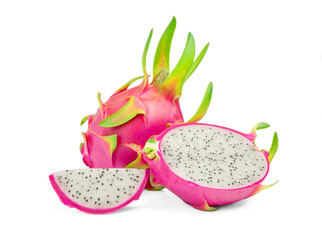 Dragon fruit or pitaya with cut in half and slice isolate on white background