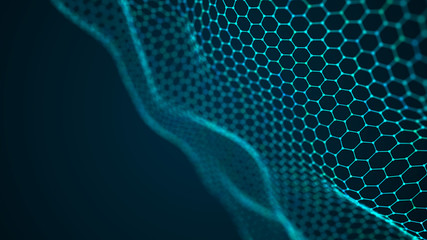 Futuristic abstract mesh. Wave with the connection of dots and lines. 3D rendering.