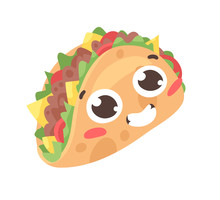 Cartoon Drawing Set Of Fast Food Emoji. Hand Drawn Emotional Meal.Actual Vector Illustration American Cuisine. Creative Ink Art Work Mexican Tacos