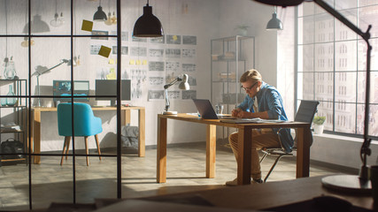 Poster - Professional Creative Designer Works on a Laptop in Loft Office, Drawng Product Sketches and Concepts. Stylish Design or Gaming Content Development Studio. Shot with Sunlight Flare.
