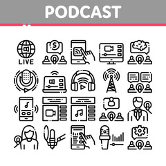 Poster - Podcast And Radio Collection Icons Set Vector Thin Line. Internet Global Live Broadcasting Podcast, Headphones, Microphone And Antenna Concept Linear Pictograms. Monochrome Contour Illustrations