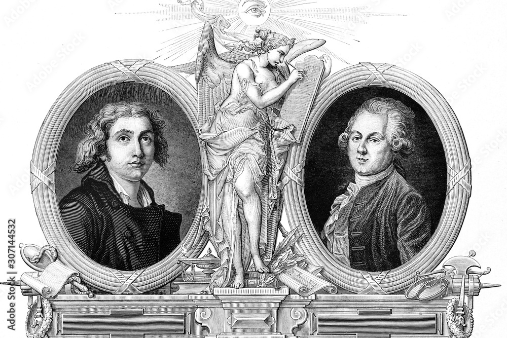 Left: Marie-Joseph Blaise of Chenier, politician and writer, born 1764, Constantinople, died 1811, Paris. Right: Louis Sebastian Mercier, writer and journalist, born 1740, died 1814. Antique illustrat - obrazy, fototapety, plakaty 