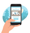 © Sarema - Phone in the hand of a man. Choosing and renting a camper via the Internet. Vector illustration, template.