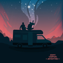 Young Happy Couple On The Background Of The Starry Sky. The Concept Of Camping. Vector Illustration.