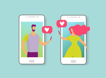 Man And Woman Write Messages About Love Or Date. Online Dating Concept. The Characters On The Phone Screen Fell In Love. Flat Cartoon Vector Illustration.