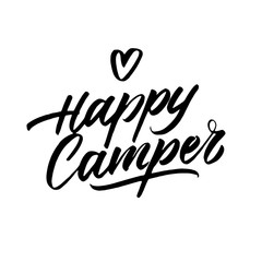 Happy Camper hand written badge phrase. Vector illustration.