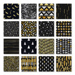 © Xenia - Merry Christmas. Gold and silver color. Set of 16 seamless texture. Drops, points, lines, stripes, circles, squares, rectangles. Abstract forms drawn a wide pen and ink. Hand drawn. Vector.