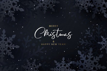 Merry Christmas And Happy New Year. Dark Background With Shining Glitter, 3d Black  Snowflakes In Paper Cut Style. Minimal Xmas Design. Vector Illustration