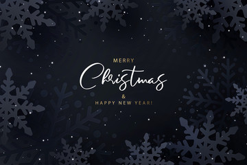 merry christmas and happy new year. dark background with shining glitter, 3d black snowflakes in pap