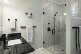 Fototapeta Sawanna - Simple luxury bathroom with granite and marble in residential home or hotel.