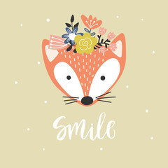 Wall Mural - Funny fox with flowers and text