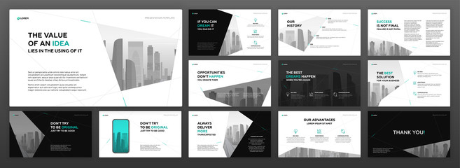 Wall Mural - Modern powerpoint presentation templates pack for business and construction with cityscape vector illustration on background. Brochure design, annual report, social media banner, leaflet.