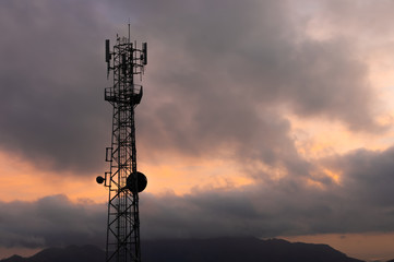 Communication tower on a mountain at dawn