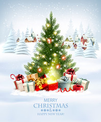 Poster - Merry Christmas and New Year holiday background with presents, christmas tree and and winter village. Vector.