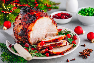 Wall Mural - Christmas Glazed Ham with cranberry sauce. Roasted Holiday Pork Meat.