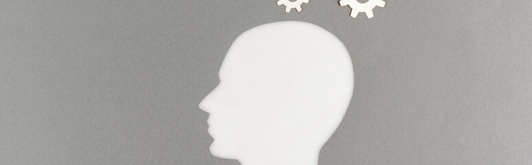 Sticker - top view of cut out white human head with gears isolated on grey, panoramic shot