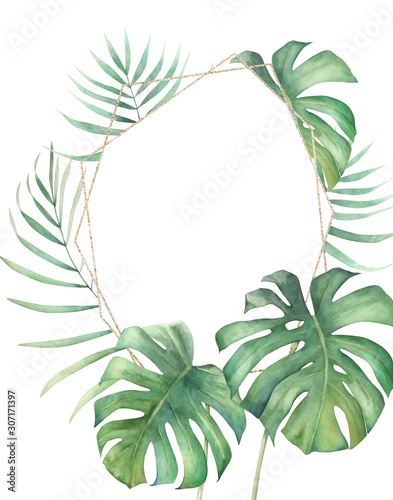 Jungle summer print. Watercolor tropical wreath with palm leaves on white bac...