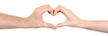 Female And Male Caucasian Hands  Isolated White Background Showing  Gesture Heart, Love. Woman And Man Hands Showing Different Joint Gestures