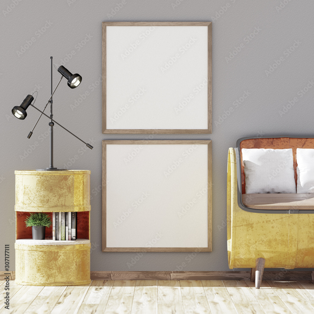 Square poster mockup with two frames on empty white wall in living room ...