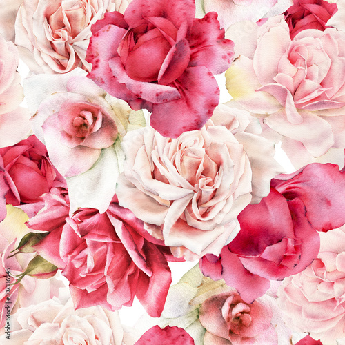 Seamless floral pattern with flowers on light background, watercolor. Templat...
