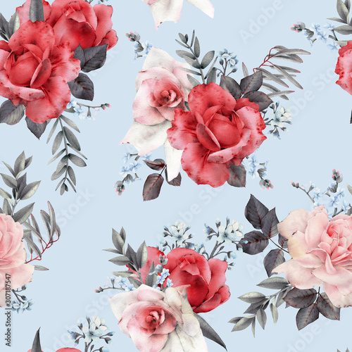 Seamless floral pattern with flowers on light background, watercolor. Templat...