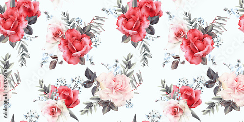 Seamless floral pattern with flowers on light background, watercolor. Templat...