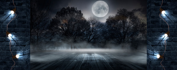 Wall Mural - dark street, old brick wall decorated with night lanterns. empty street scene, neon light. night lan