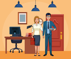 Sticker - cartoon businesscouple at office scenery background, colorful design