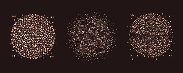 Poster - Coffee, chocolate brown round backgrounds set, collection. Sphere shape, circle made of drops, uneven dots, hearts splash, tiny blobs. Radial coffee shop, cafe frame, border template, design elements.