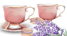 Pink Watercolor Tea Cups With Macaroon Sweets And Lavender. Vector