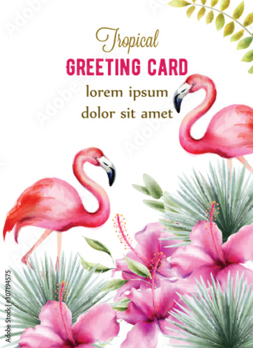Tropical greeting card with palm leaves, hibiscus flowers and pink flamingo. ...