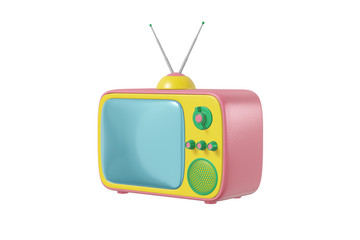 Poster - TV set with antenna cartoon style bright pink yellow color isolated white background. Minimalistic vintage design concept. 3D rendering