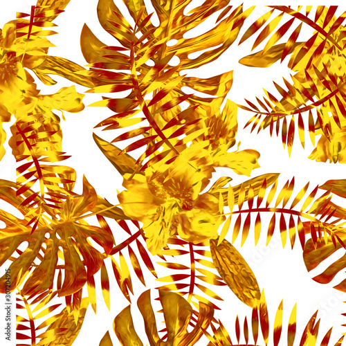 Tropical floral bouquet with orchids, seamless pattern.
