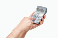 Man Hands Holding And Using A Calculator Isolated