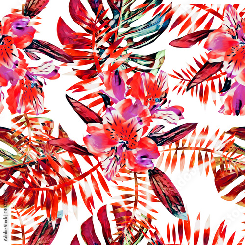 Tropical floral bouquet with orchids, seamless pattern.