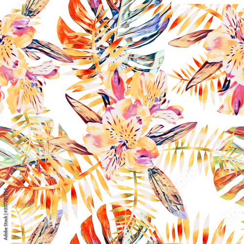 Tropical floral bouquet with orchids, seamless pattern.