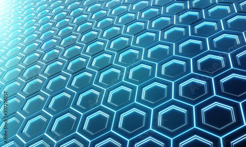 Glowing black and blue hexagons background pattern on silver metal surface 3D...